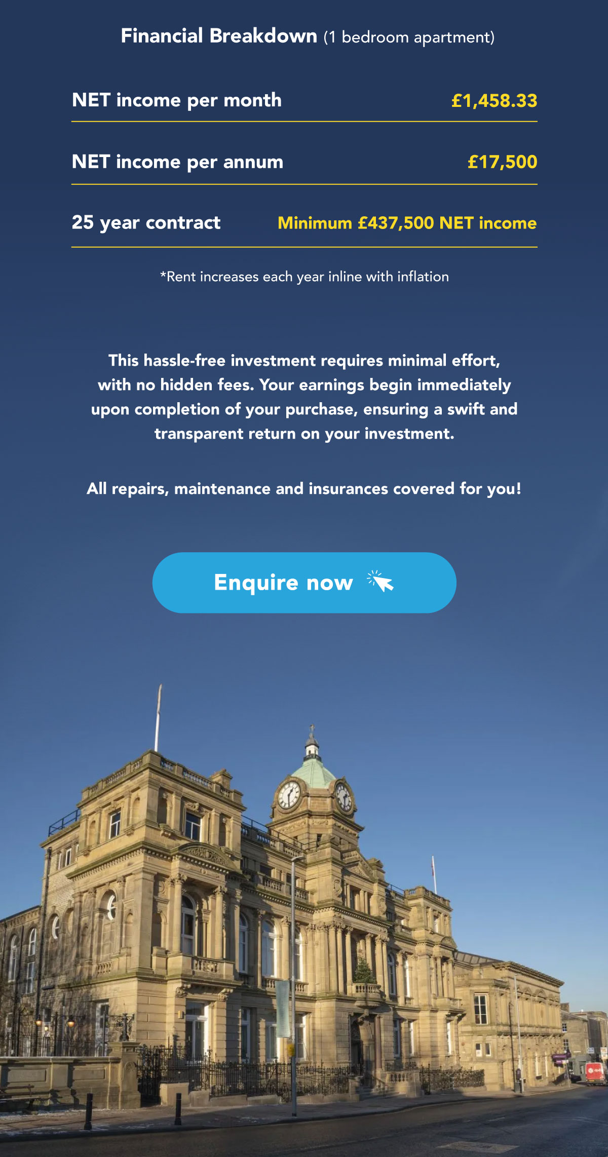 Financial Breakdown (1 bedroom apartment) | NET income per month: £1,458.33 | NET income per annum: £17,500 | 25-year contract: minimum £437,500 NET income | Rent increases inline with inflation | This hassle free investment requires minimal effort, with no hidden fees. Your earnings begin immediately upon completion of your purchase, ensuring a swift and transparent return on your investment. | All repairs, maintenance and insuranced covered for you! 